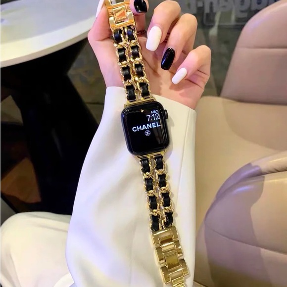 NEW Strap Gold Black Chain Leather Stainless Band For Apple Watch - Picture 2 of 5